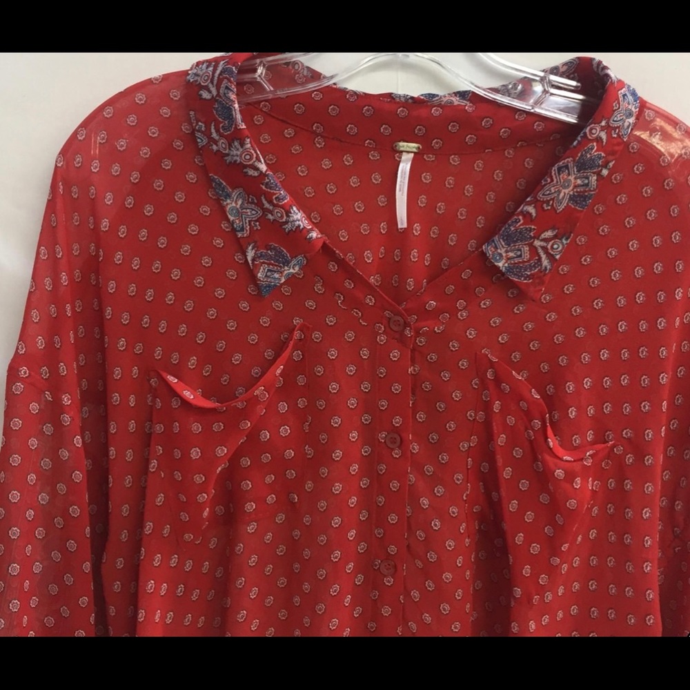 Free People Red Patterned Button-Down Sheer Shirt - image 2